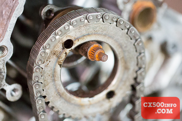 Here's a photo of the cam chain and sprocket on a Honda CX500, GL500, CX650 or GL650 motorcycle.