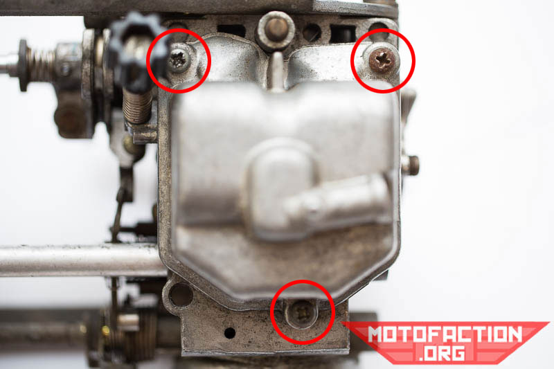 Here's how to remove the float bowls on the Honda CB250 CB250N Super Dream or Hawk's carburetors - Keihin VB30B carbs, as shown on MotoFaction.org