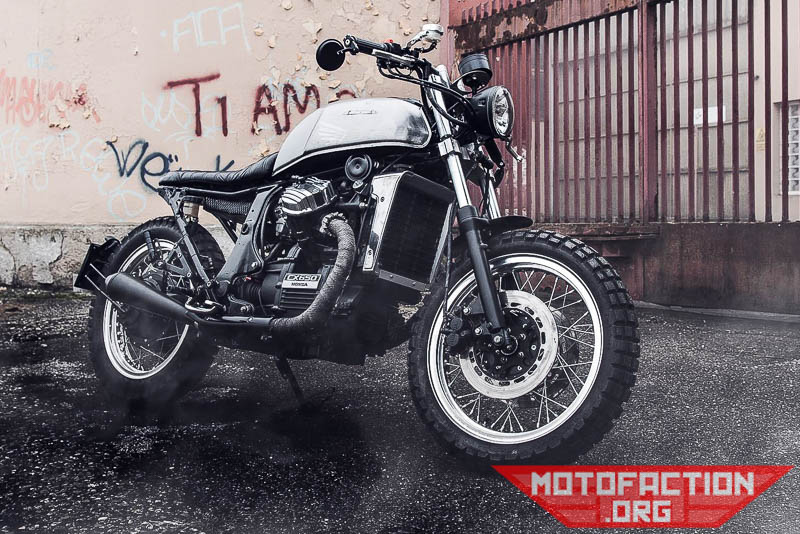 Here are some photos of Frank Guarini's modified Honda CX650ED scrambler motorcycle as featured on MotoFaction.org.
