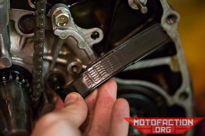 Here's how to remove the cam chain tensioner blade and guide on a Honda CX500, CX650 or GL650 motorcycle equipped with an automatic cam chain tensioner system.