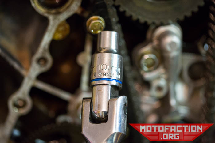 Here's how to remove the cam chain tensioner blade and guide on a Honda CX500, CX650 or GL650 motorcycle equipped with an automatic cam chain tensioner system.