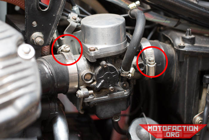 Here are some photos showing a removal guide for the carburetors on a Honda CX500, GL500, CX650 or GL650 motorcycle, as shown on MotoFaction.org.