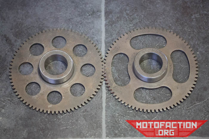 Here are some photos showing the removal procedure for a Honda CX500, GL500, CX650 or GL650 starter driven gear, how to assess it and the differences between each type that you might find inside your engine, as featured on MotoFaction.org.
