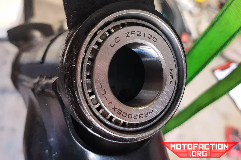 Here's a photo of the upper steering stem bearing of the Hyosung GT250R upper triple clamp, discussed in relation to a Honda CX500, GL500, CX650 or GL650 front end swap or conversion to upside down forks.