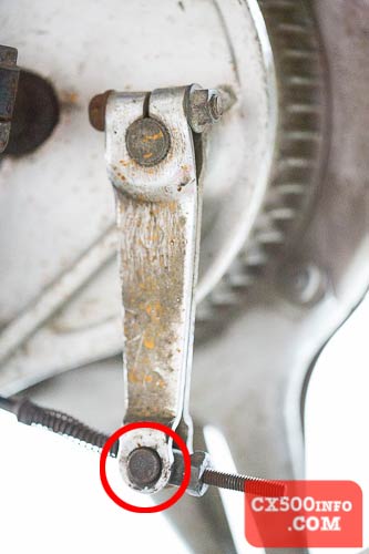 Here's how to remove the brake torque link on a Honda CX500 - e.g. when removing the rear wheel as shown on MotoFaction.org.