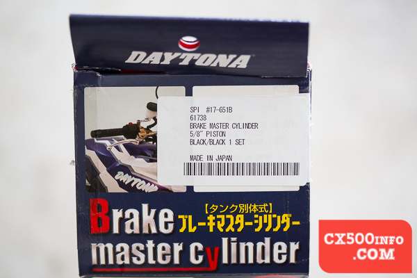 Here are some photos of the Nissin or Shindy Daytona 17-651B or 61738 front brake 5/8" master cylinder for 22mm or 7/8" bars, as featured on our MotoFaction.org review.
