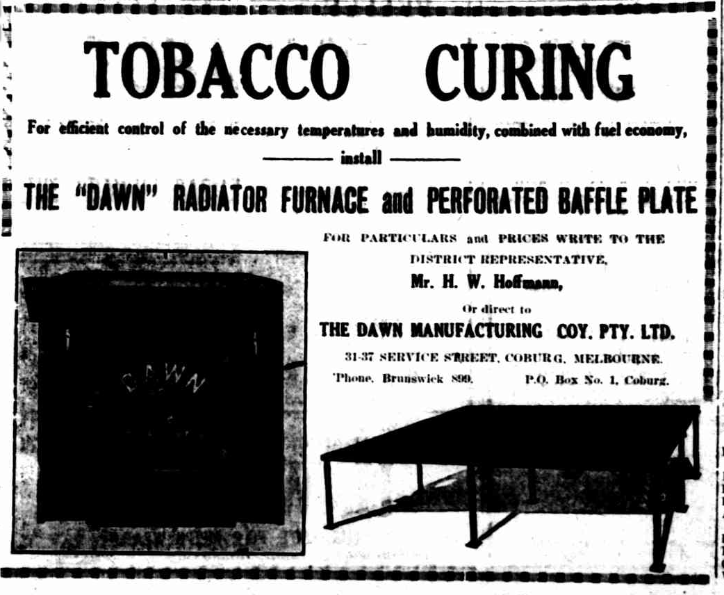 Here is an ad from 1932 for Dawn's tobacco curing products.