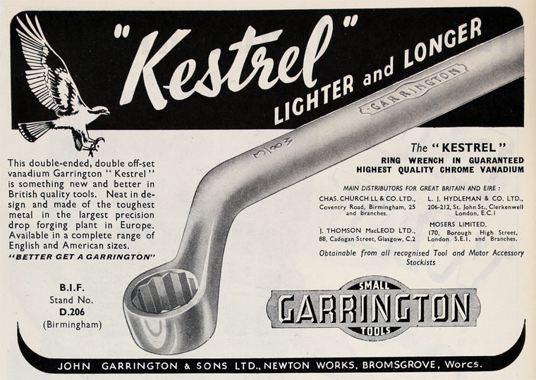Here is an advertisement for Garrington Hand Tools Kestrel Box Wrench or Ring Spanner, apparently from May 1947.