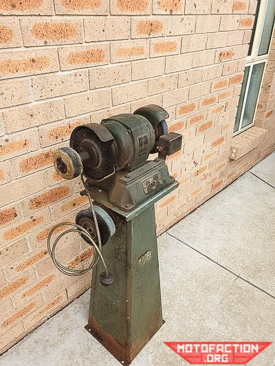 Photos of a 1950s era GMF Australian-made bench grinder and stand by Laurie Pomroy.