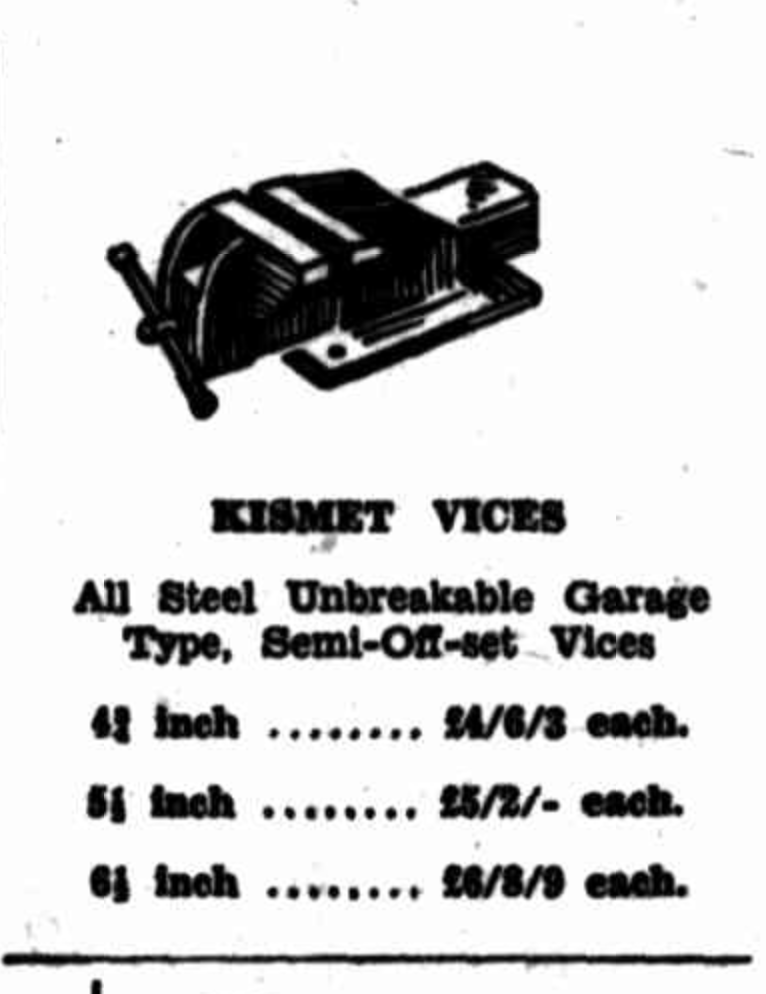 Here is an advertisment showing a Kismet vice from 1948