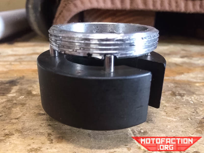 Here is a review of the rear wheel bearing retainer removal tool from Motion Pro - the 57-8290, also used for KTM fork caps and the like.