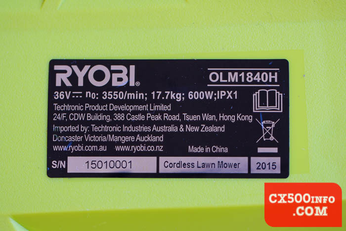 Here are some photos of Ryobi's One Plus electric lawnmower - model number OLM1840H - as featured in the MotoFaction.org review.